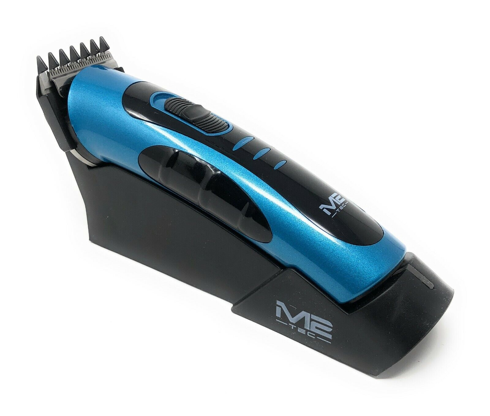 Blauer und schwarzer Haarschneider auf einem Ständer. Der Clipper hat ein schwarz-blaues Farbschema.