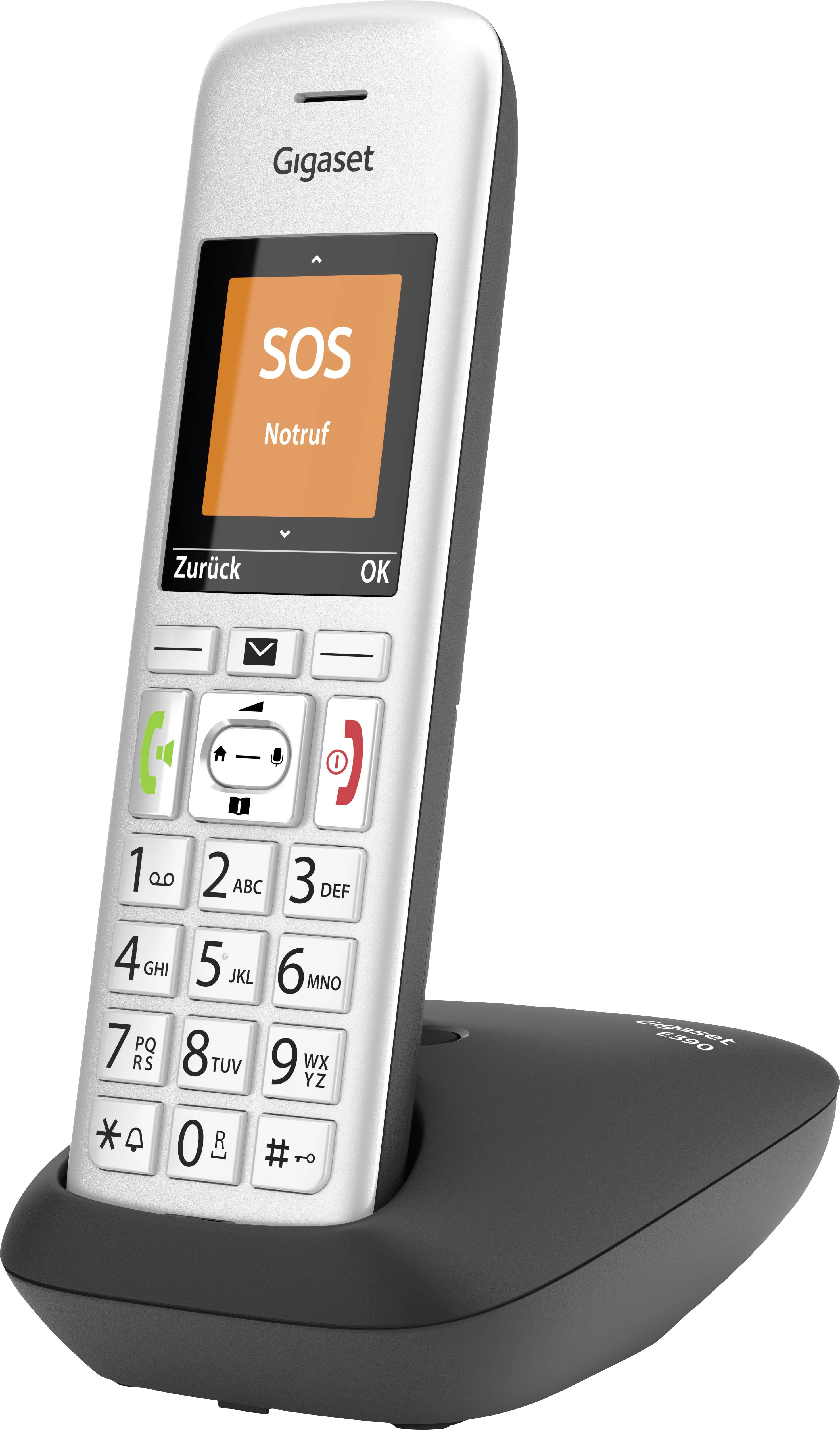 Telefono cordless bianco e grigio su base nera. Pulsante SOS arancione.