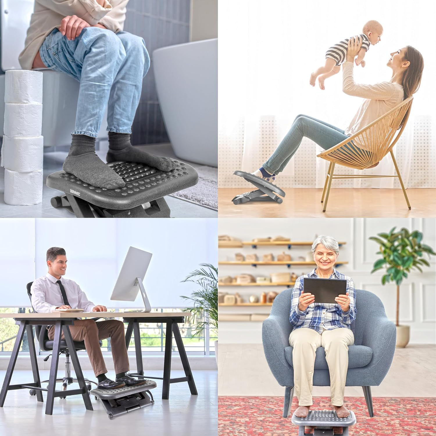 Cuatro fotos que muestran a personas usando reposapiés: en un inodoro, con un bebé, en un escritorio y en una silla.