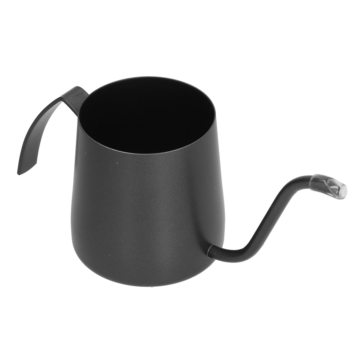 Eine schwarze Metall-Schwanenhals-Kanne mit gebogenem Ausguss und Griff.