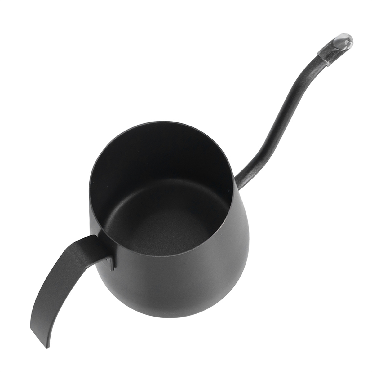 Eine schwarze Schwanenhals-Kanne mit langem Ausguss und Griff, isoliert auf weißem Hintergrund.