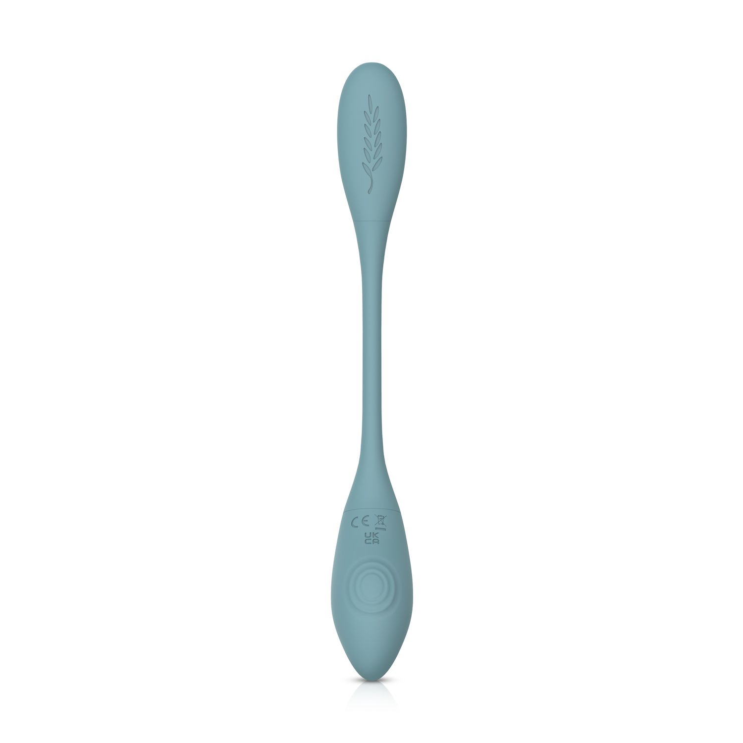 Ein hellblauer Vibrator mit gebogener Form. Der untere Teil hat einen Knopf und ein CE-Zeichen.