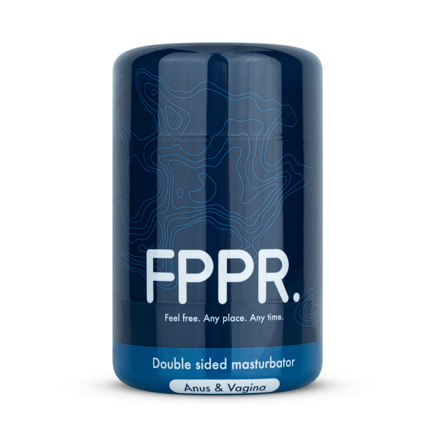 Blauer Zylinder mit FPPPR-Logo und Text, 'Doppelseitiger Masturbator Anus & Vagina'.
