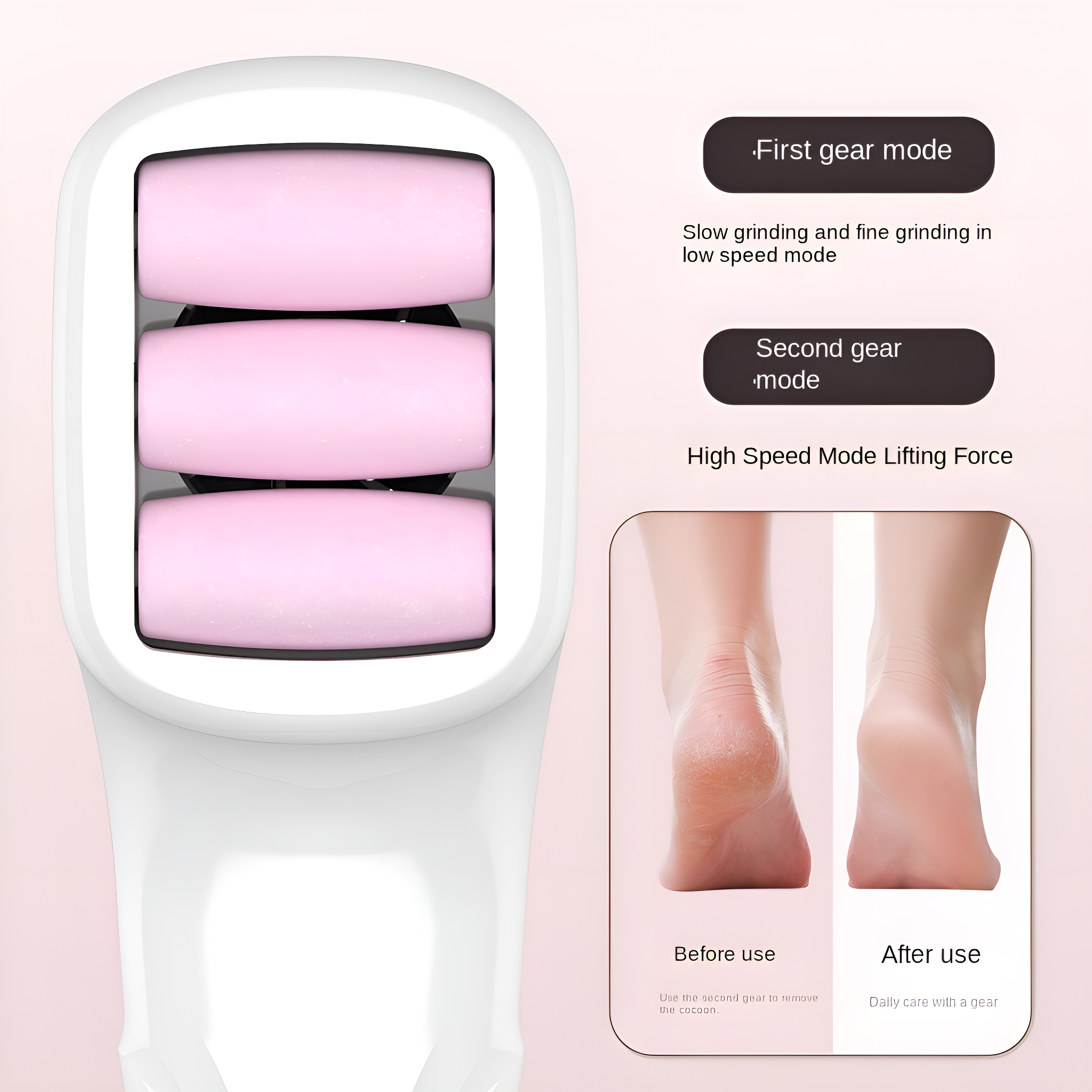 Ein weißes Gesichtsmassagegerät mit rosa Rollen. Vorher-Nachher-Effekt am Fuß, Gangeinstellungen.