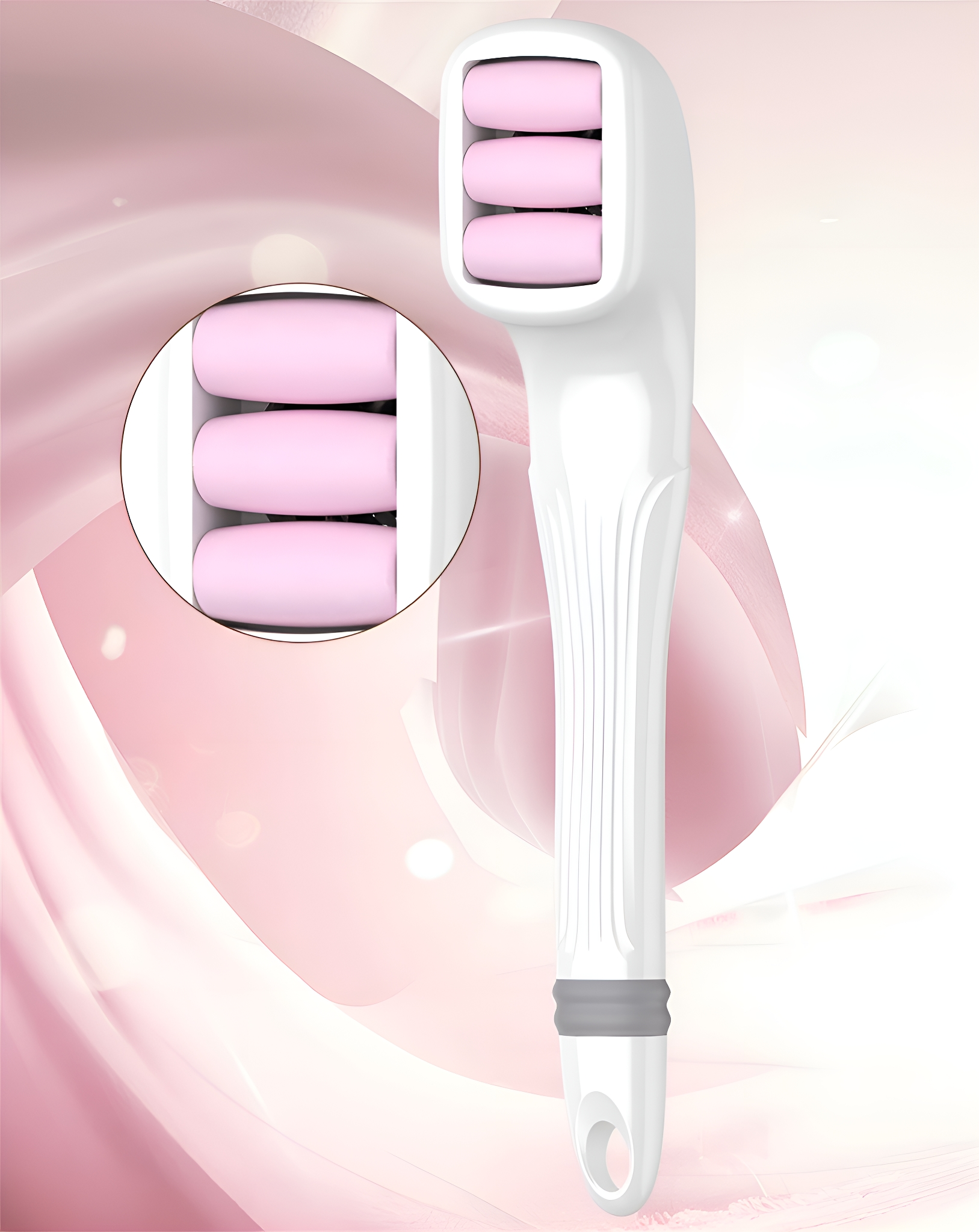 Eine weiße, handliche Massagerolle mit rosa Rollen. Es hat einen gebogenen Griff mit einem grauen Griff.