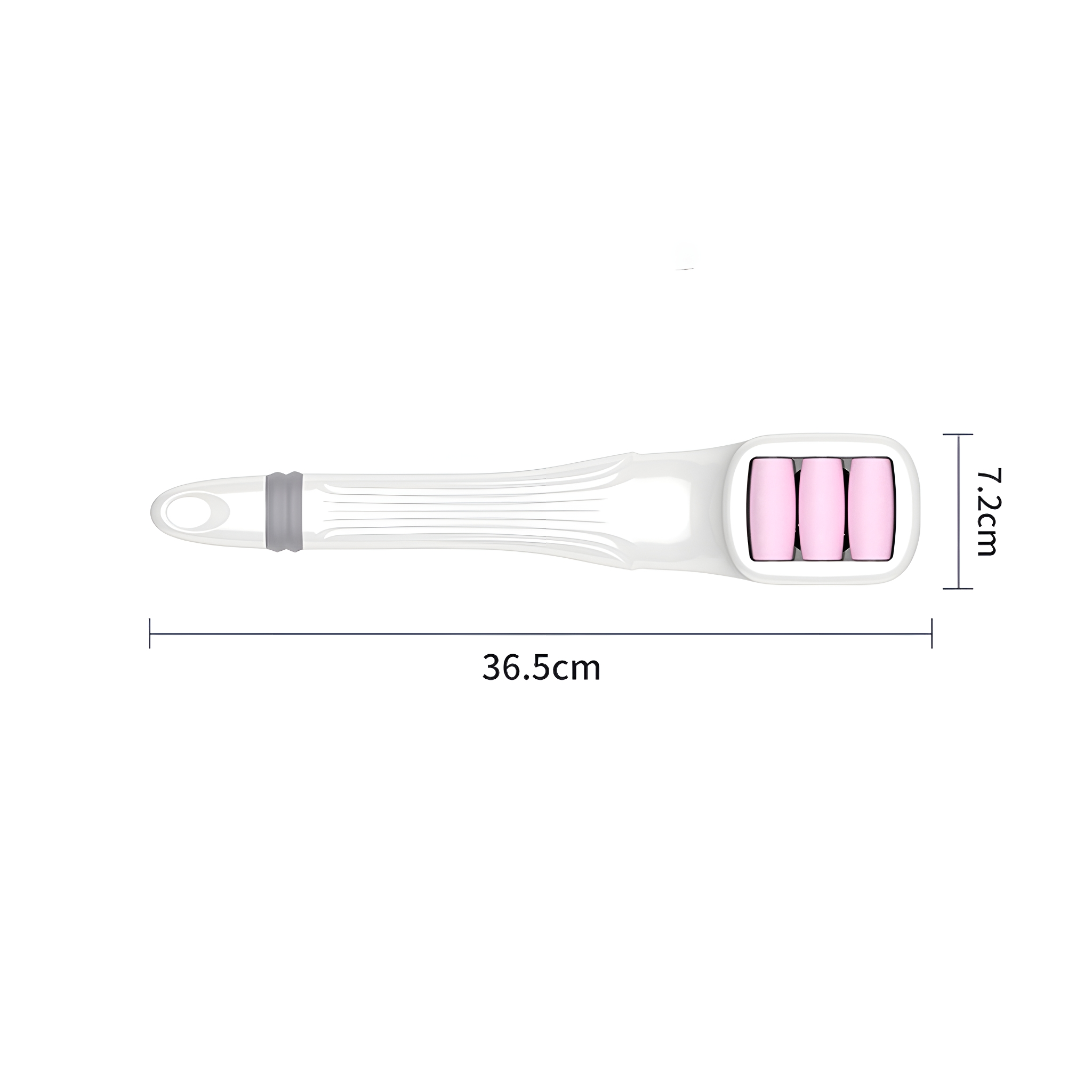 Eine weiße Körpermassage-Rolle mit rosa Rollen. Abmessungen sind angegeben.