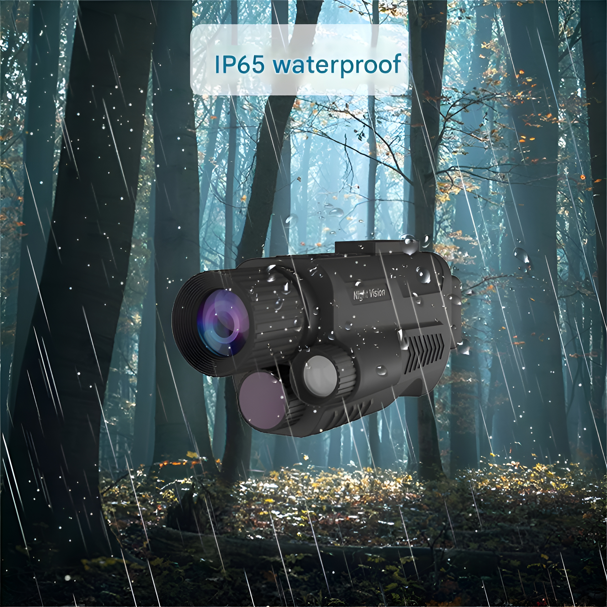 Ein schwarzes Nachtsichtgerät in einem Wald unter Regen. Das Gerät hat eine Linse und einen Knopf.