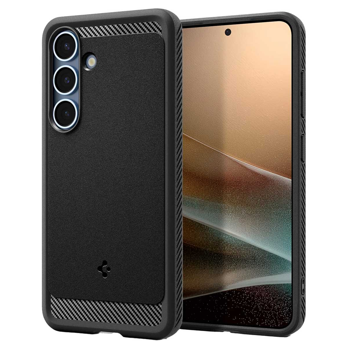 Zwarte telefoonhoes met een koolstofvezel design. Drie cameralenzen aan de achterkant. Spigen logo zichtbaar.