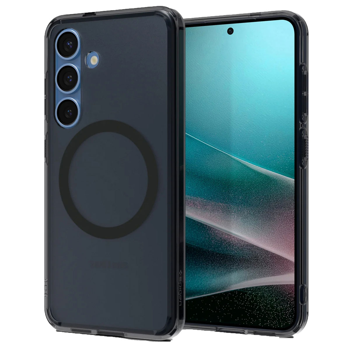 Coque de téléphone noire avec un anneau. Un téléphone est à l'intérieur. Les lentilles de la caméra sont en haut.