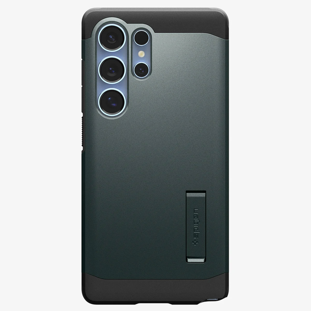 Etui na telefon z obiektywami aparatu i podpórką. Etui ma ciemnozielony kolor.