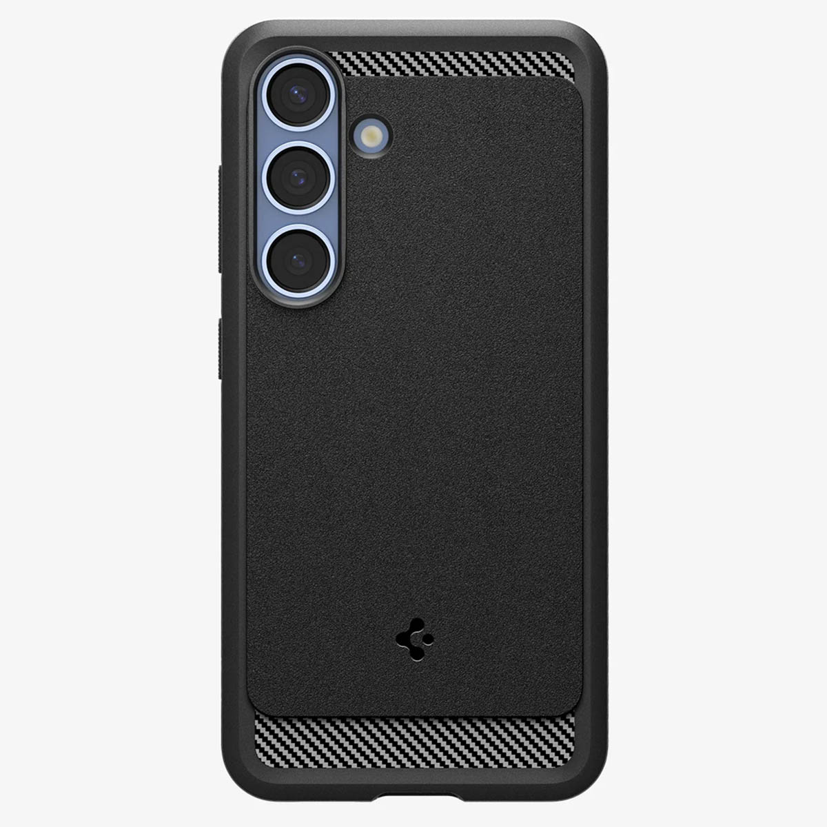 Zwarte telefoonhoes met camera-uitsparingen, zwarte accenten en een patroon aan de bovenkant.
