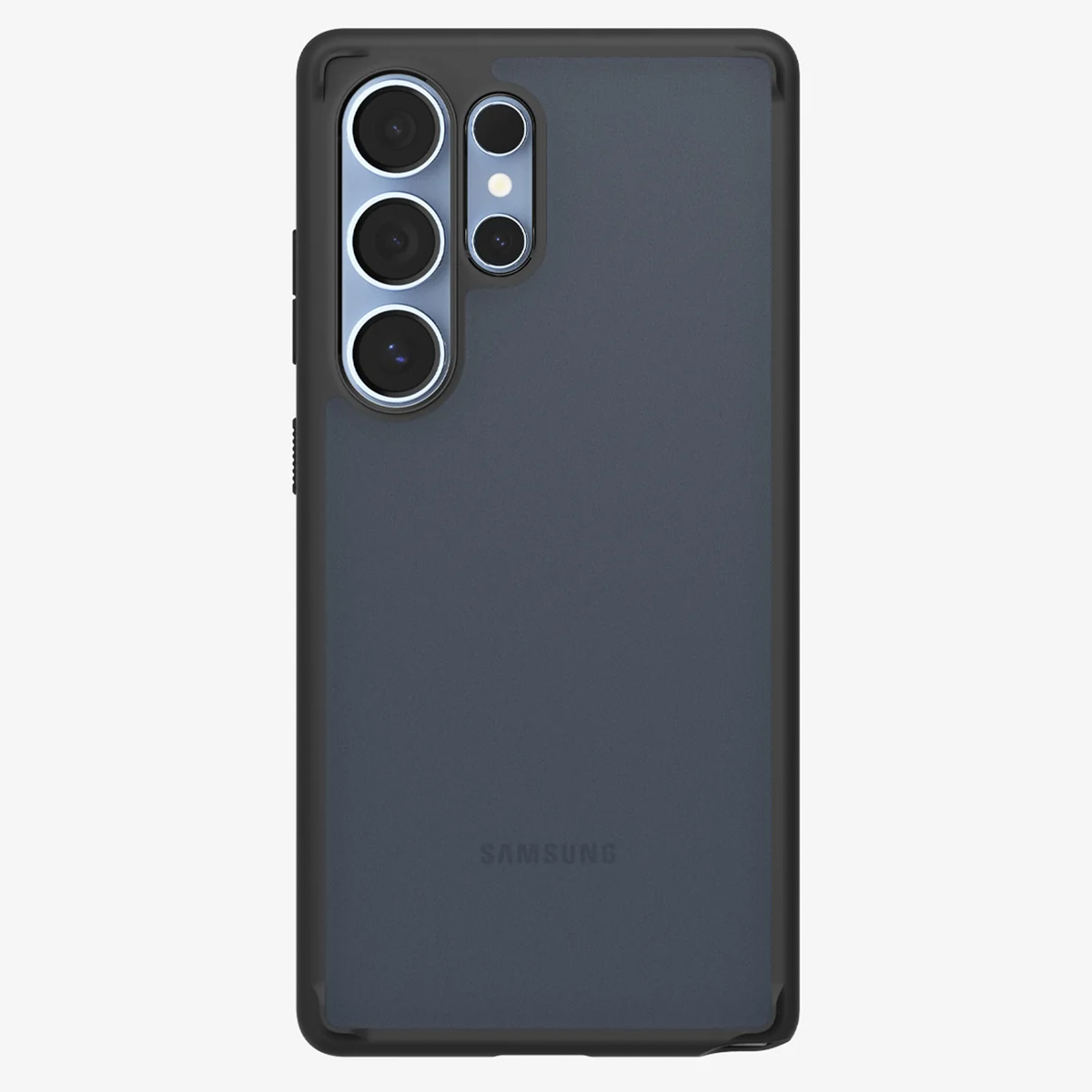 Custodia per telefono grigio scuro con tre lenti della fotocamera. La cover posteriore è grigio scuro.