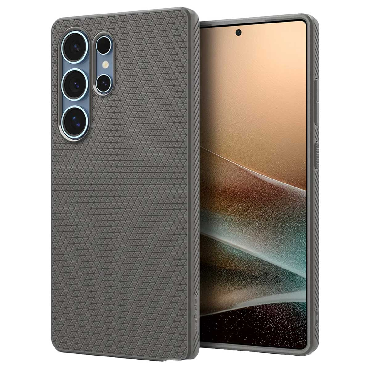 Coque de téléphone grise sur un téléphone. La coque a une surface texturée. Le téléphone est gris avec un écran clair.