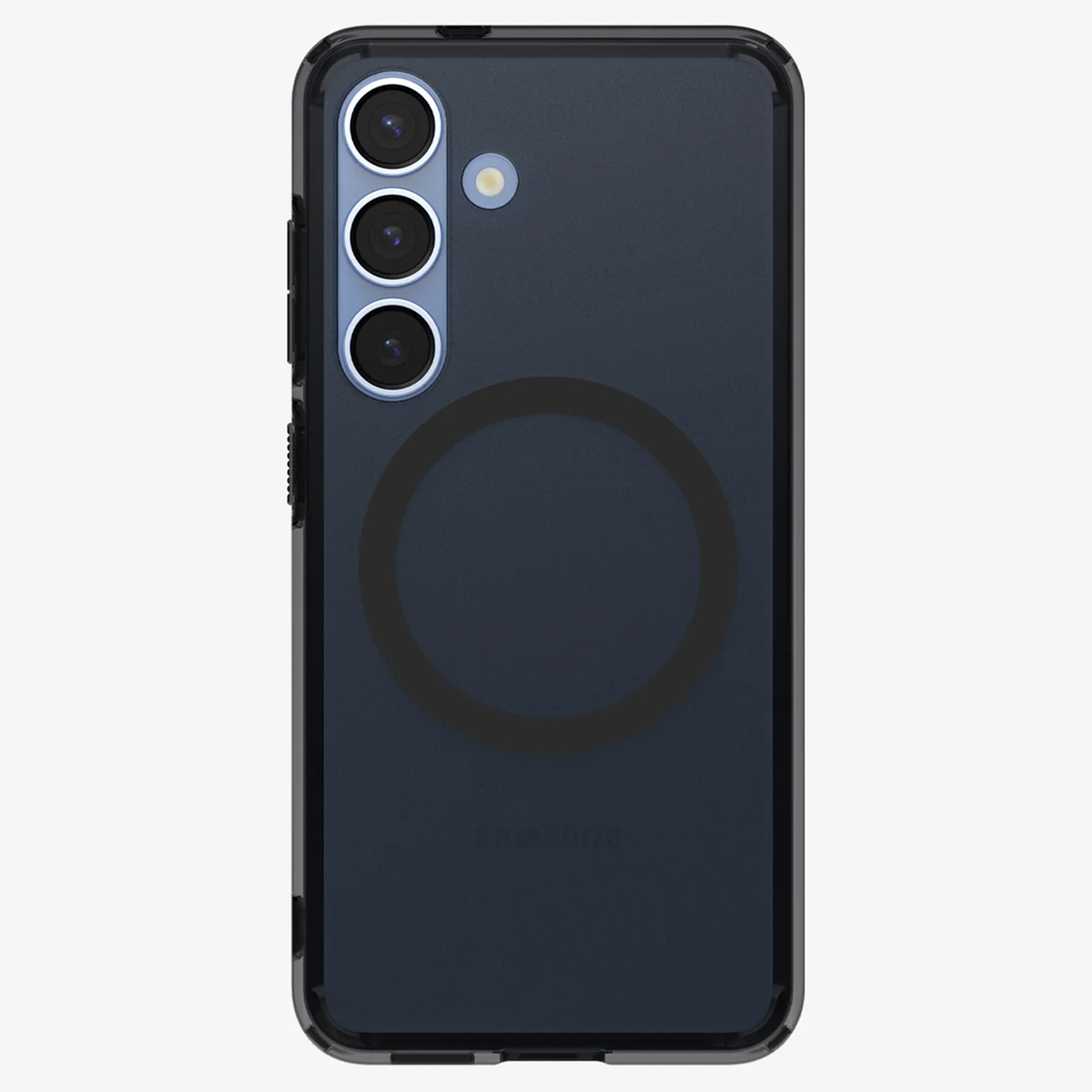 Coque noire avec téléphone. Trois caméras et cercle noir. Transparent.