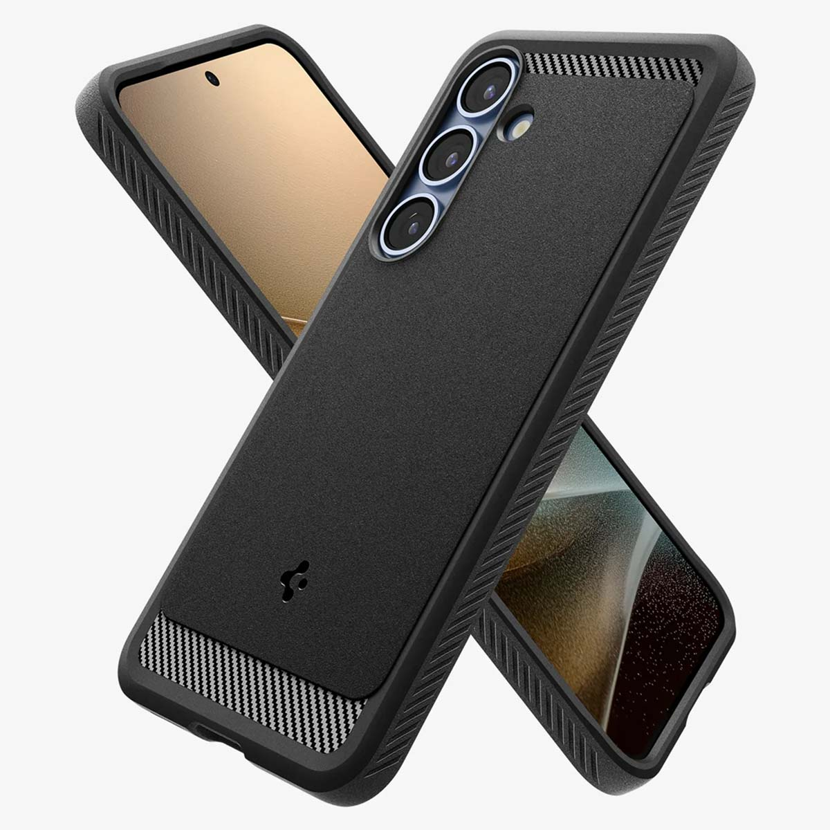 Twee telefoons in zwarte hoesjes. Eén hoesje ligt bovenop de andere.