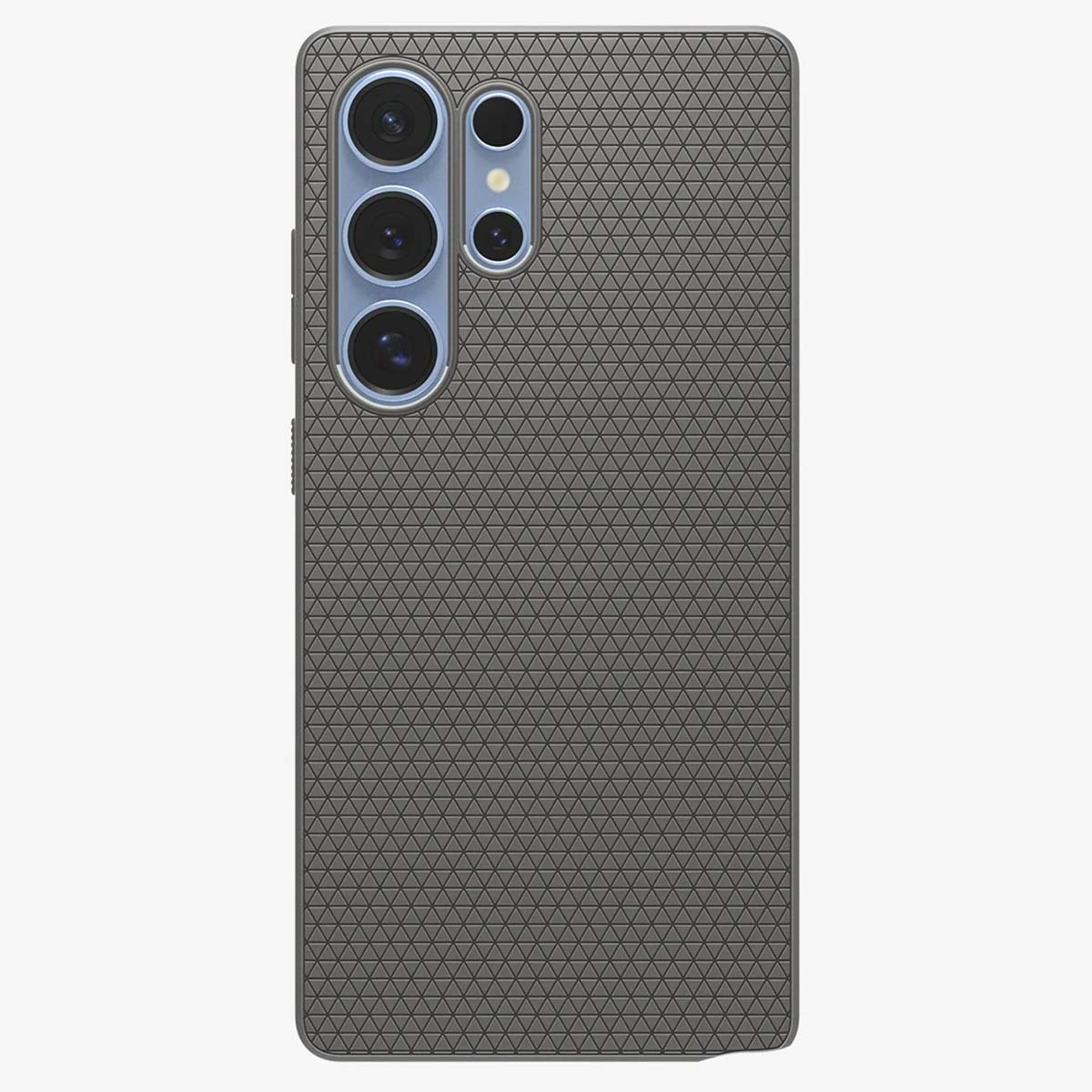 Une coque de smartphone avec une surface texturée et trois objectifs de caméra, fond blanc.