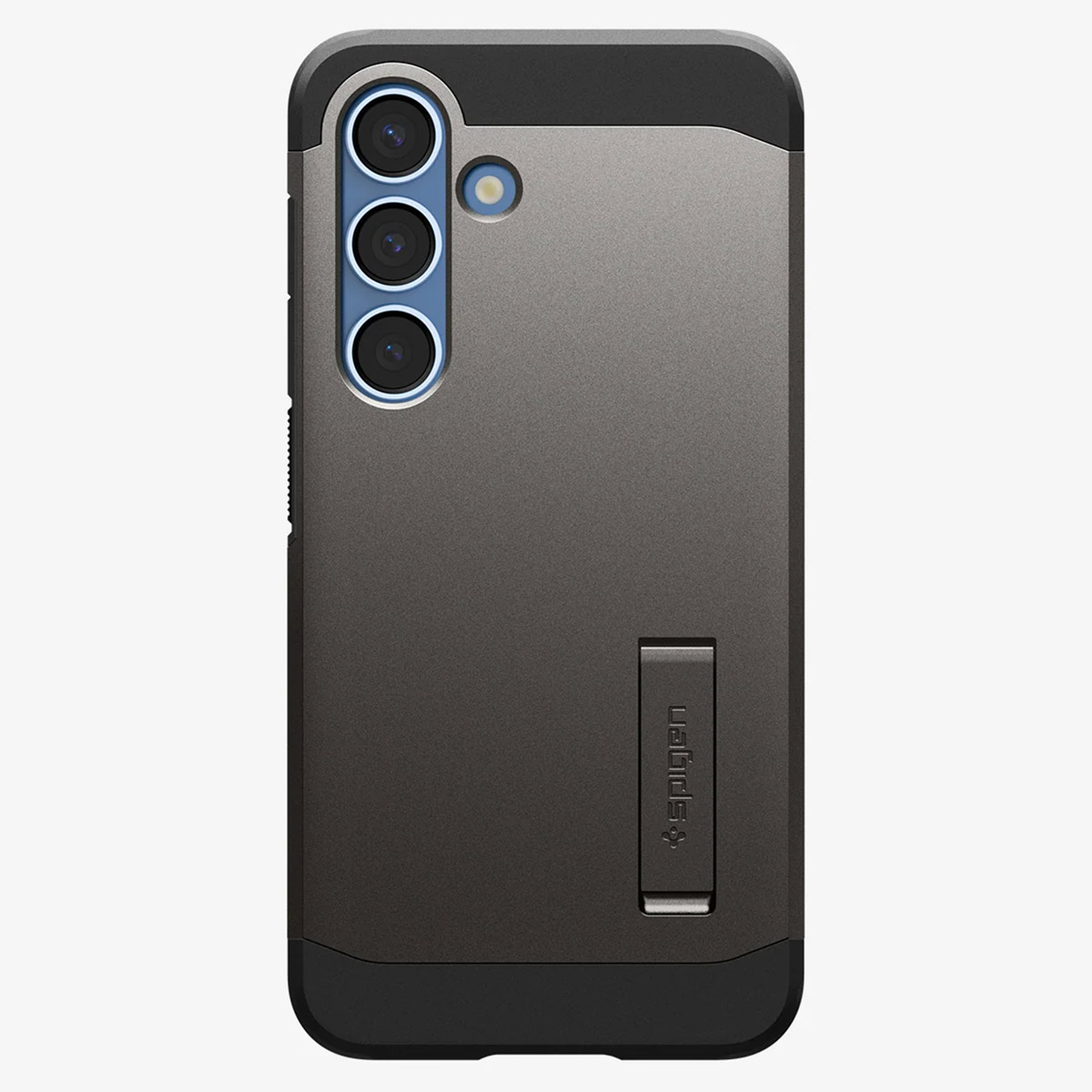 Custodia per telefono nera con tre fotocamere e un supporto. Il telefono è grigio.