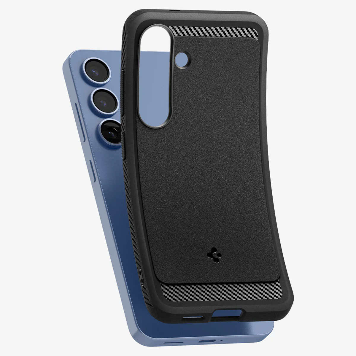 Telefoon met zwarte hoes. De hoes ligt op een blauwe telefoon.