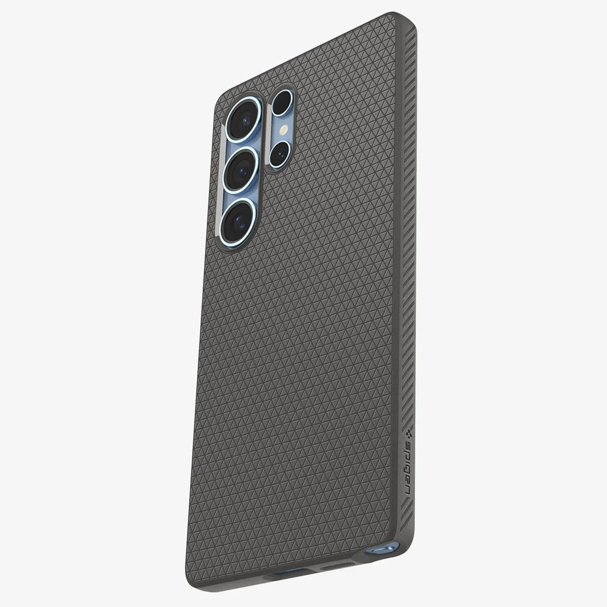Housse de téléphone gris foncé avec motif texturé, vue latérale. Marque Spigen visible.