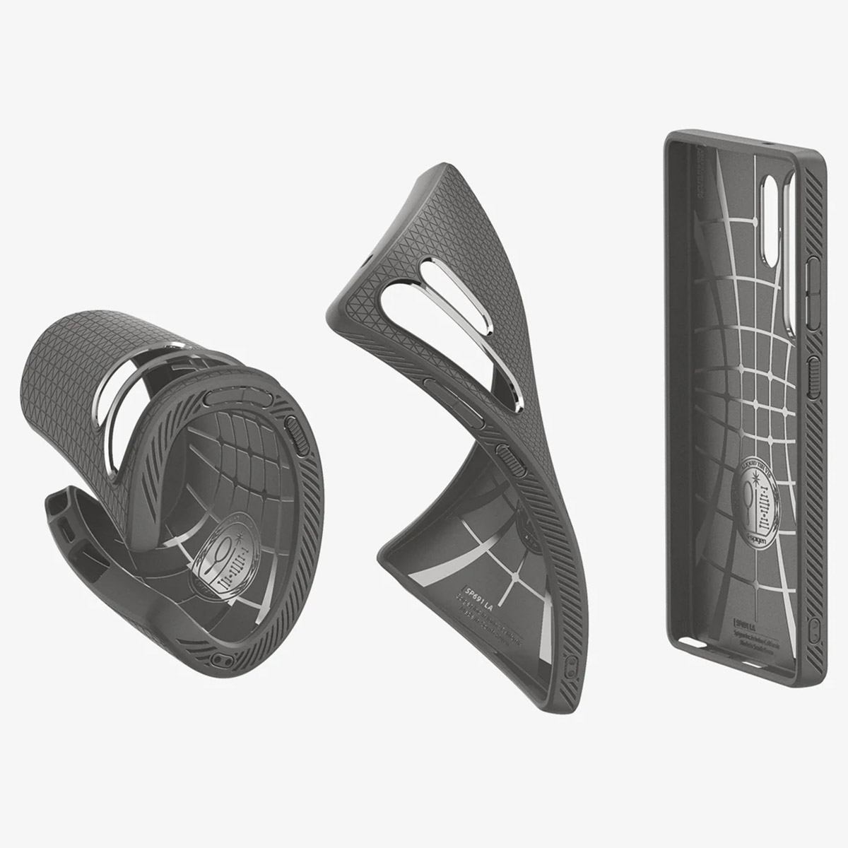 Trois coques de téléphone grises dans différentes positions, montrant les vues avant, latérale et arrière sur fond blanc.