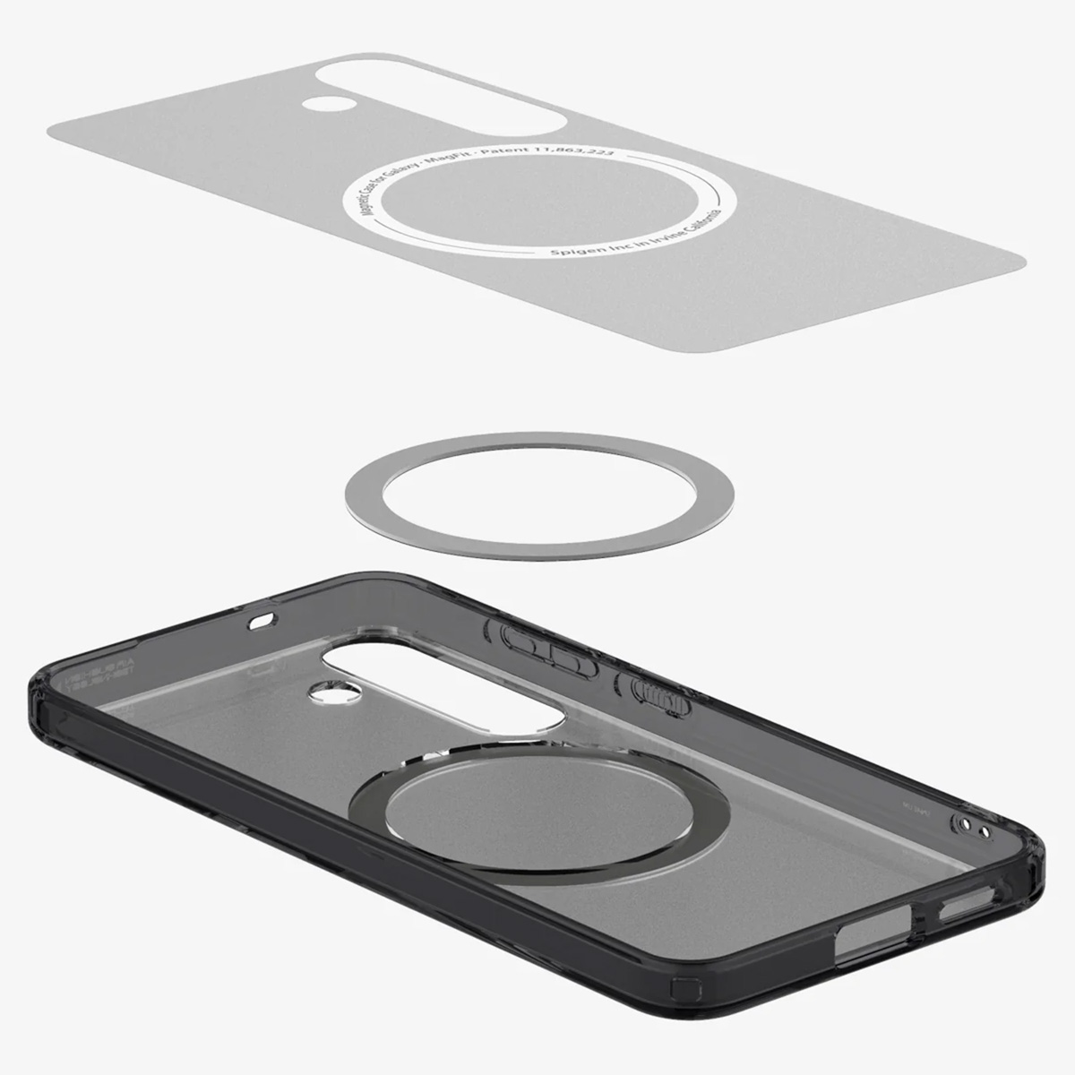 Une vue éclatée d'un étui de téléphone avec un cercle MagSafe. Un téléphone et un étui sont également visibles.