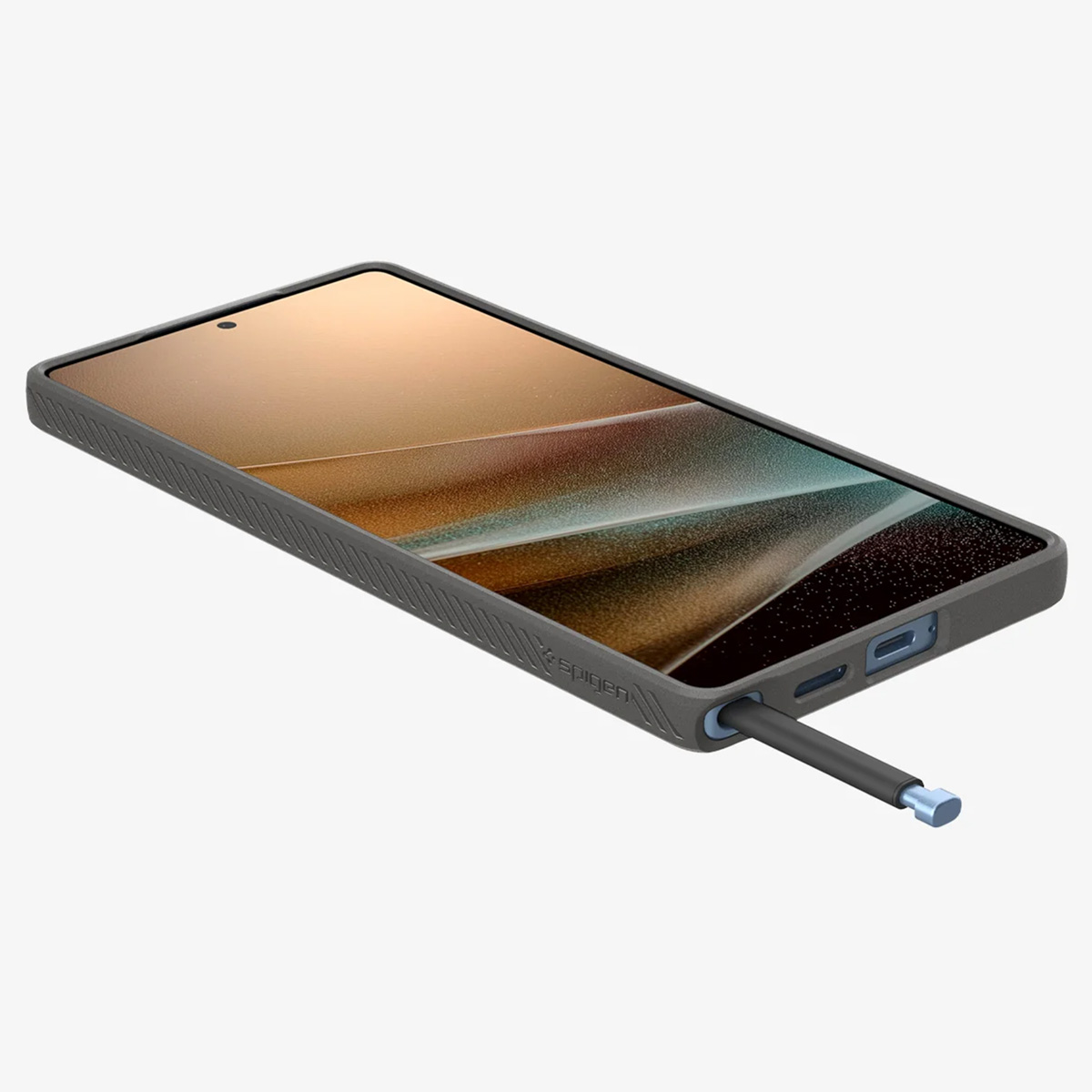 Smartphone dans un étui gris avec stylet inséré, posé sur une surface.