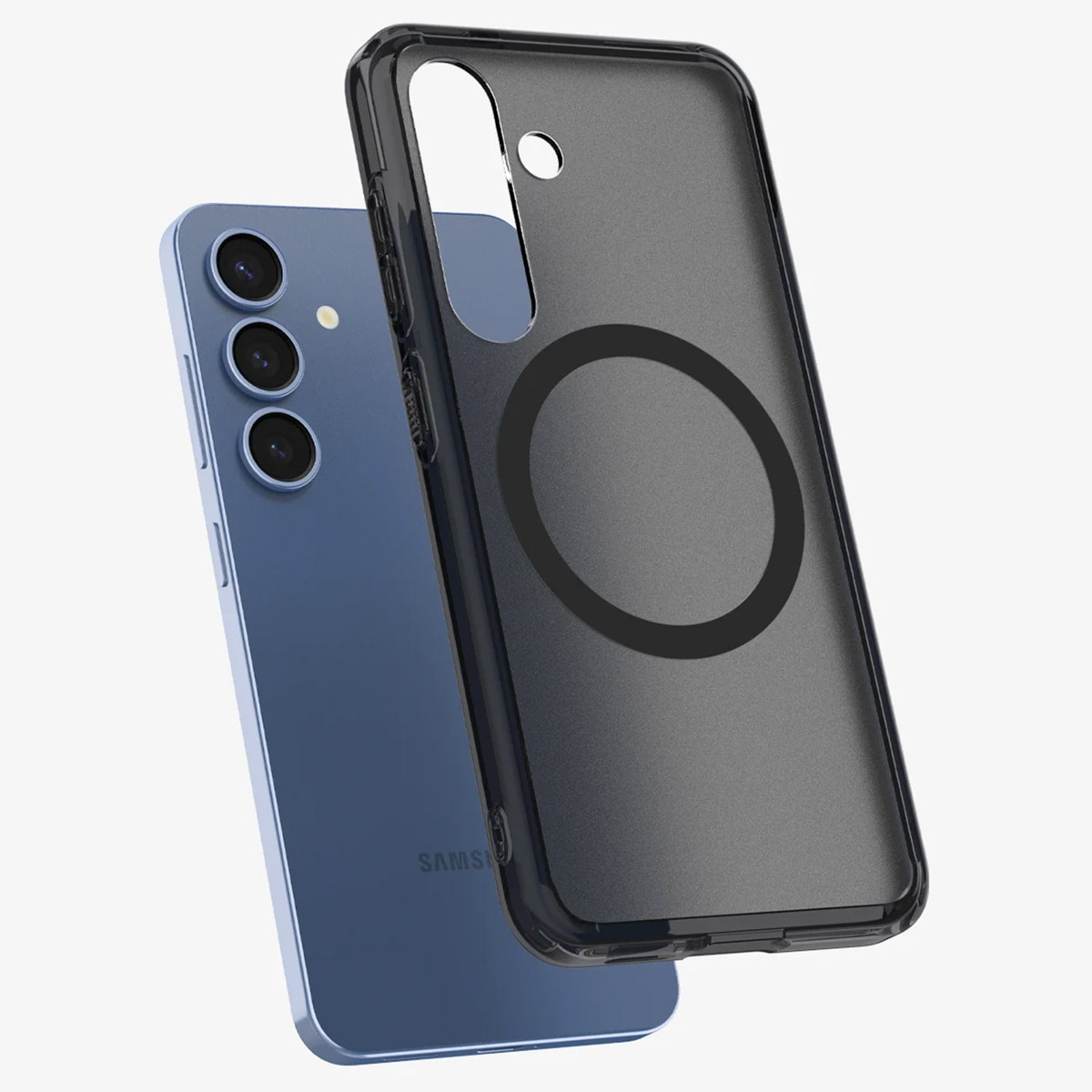 Téléphone avec étui transparent. L'étui a un anneau noir.