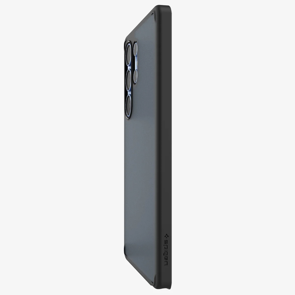 Custodia per telefono nera con un telefono all'interno. Il telefono ha più fotocamere.