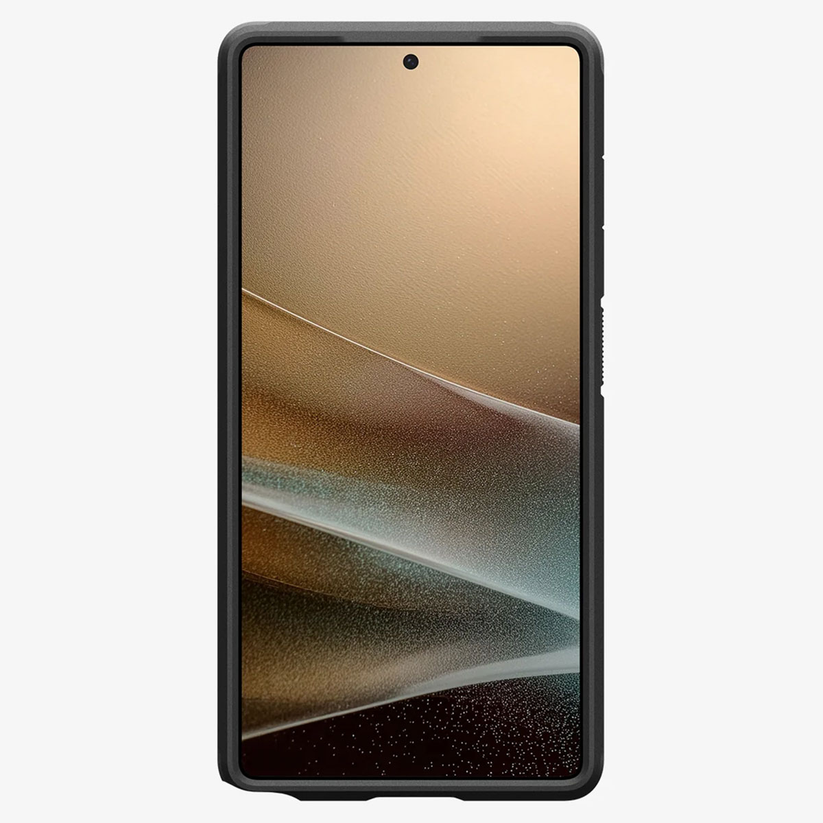 Smartfon w czarnym etui. Wyświetlacz pokazuje abstrakcyjne tło.