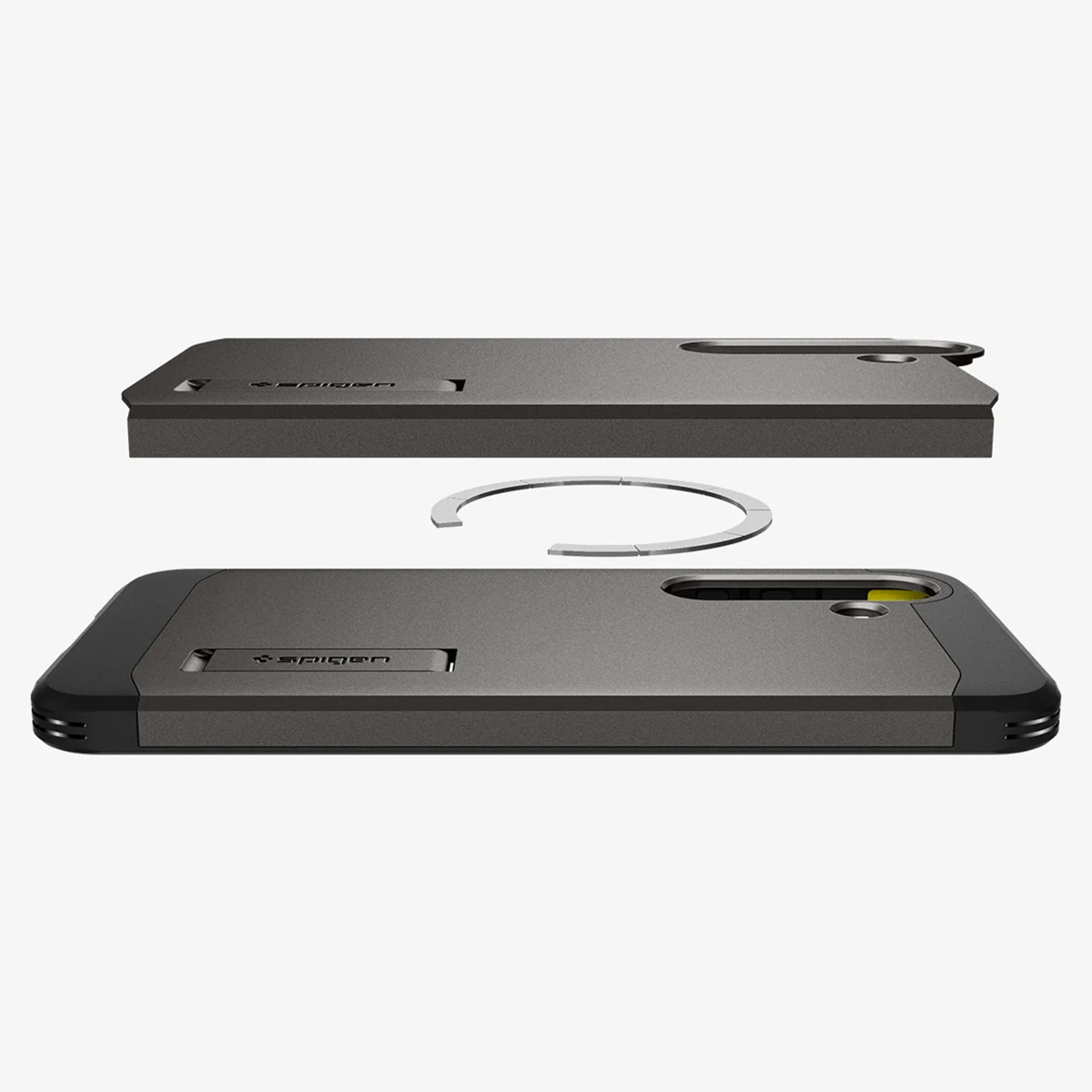 Custodie per telefono, grigio scuro e nero, con logo Spigen e funzione di supporto, su sfondo bianco.