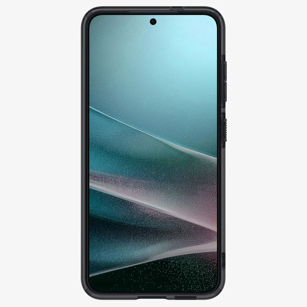 Téléphone dans un étui noir. L'écran du téléphone est visible. L'étui a des boutons sur le côté.