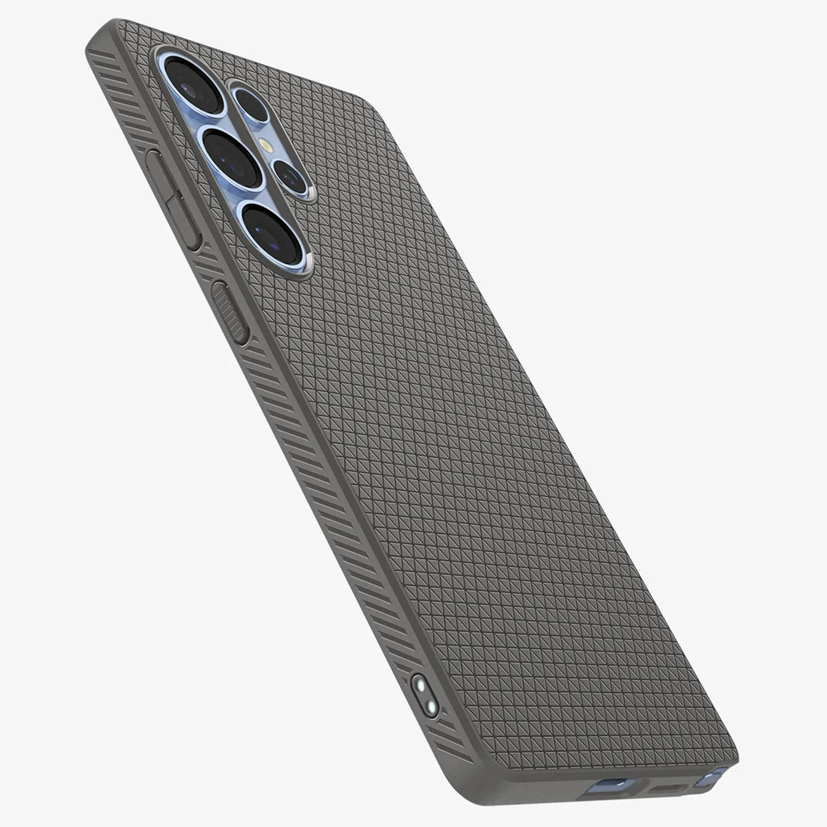 Coque de téléphone grise avec motif texturé, vue en angle, sur fond blanc.