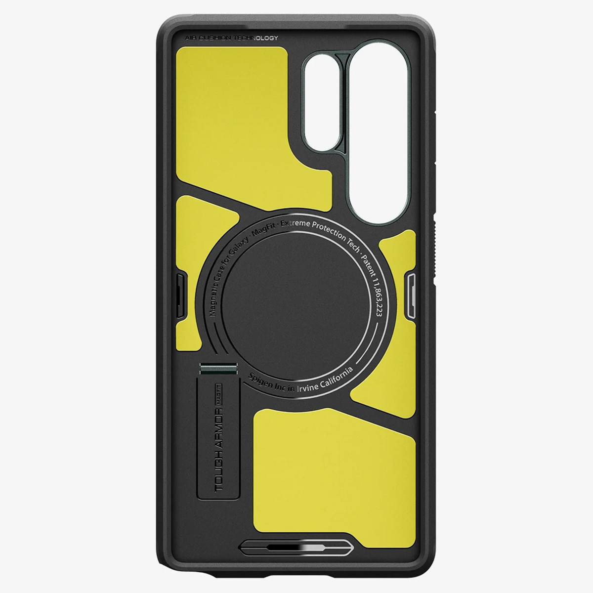 Etui na telefon z żółtą wkładką i czarną ramką. Wycięcia na aparat i logo.