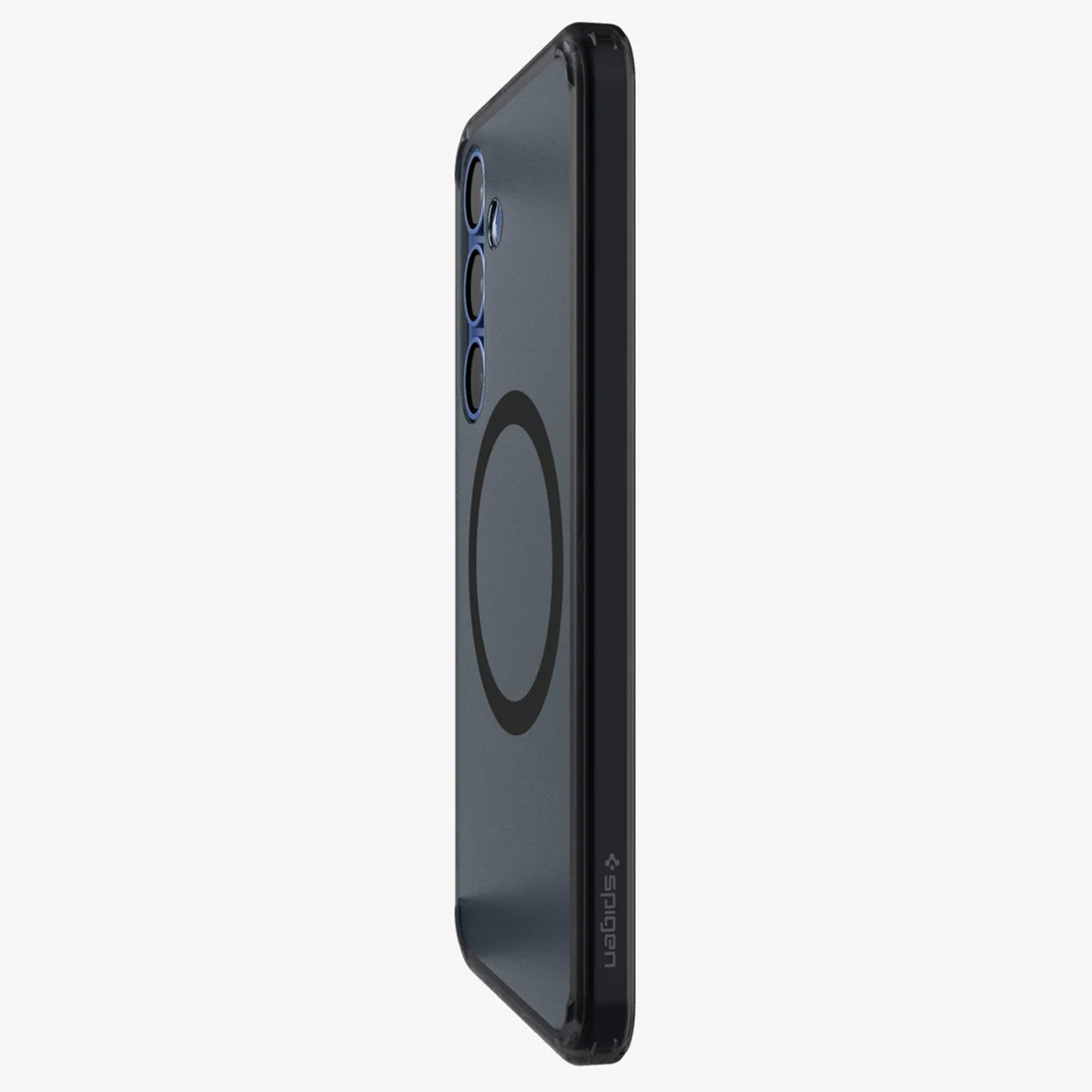 Coque de téléphone transparente, vue latérale. Anneau noir au dos. Téléphone à l'intérieur.