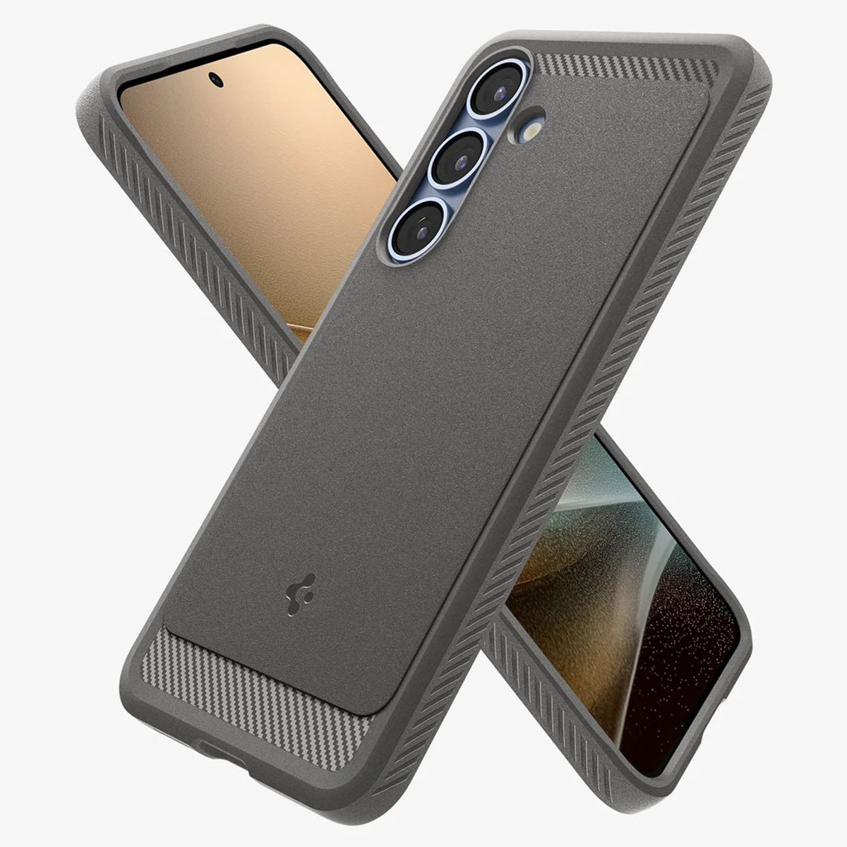 Twee telefoonhoesjes, één met een telefoon erin, grijs, met een gestructureerde achterkant en Spigen-logo.