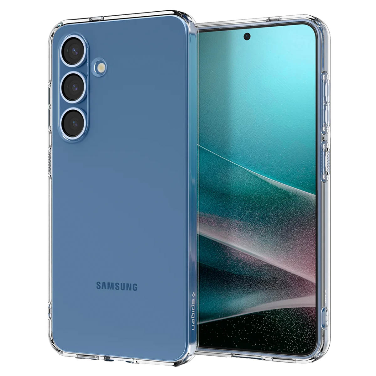 Transparante telefoonhoes op een blauwe telefoon. Samsung-logo zichtbaar.
