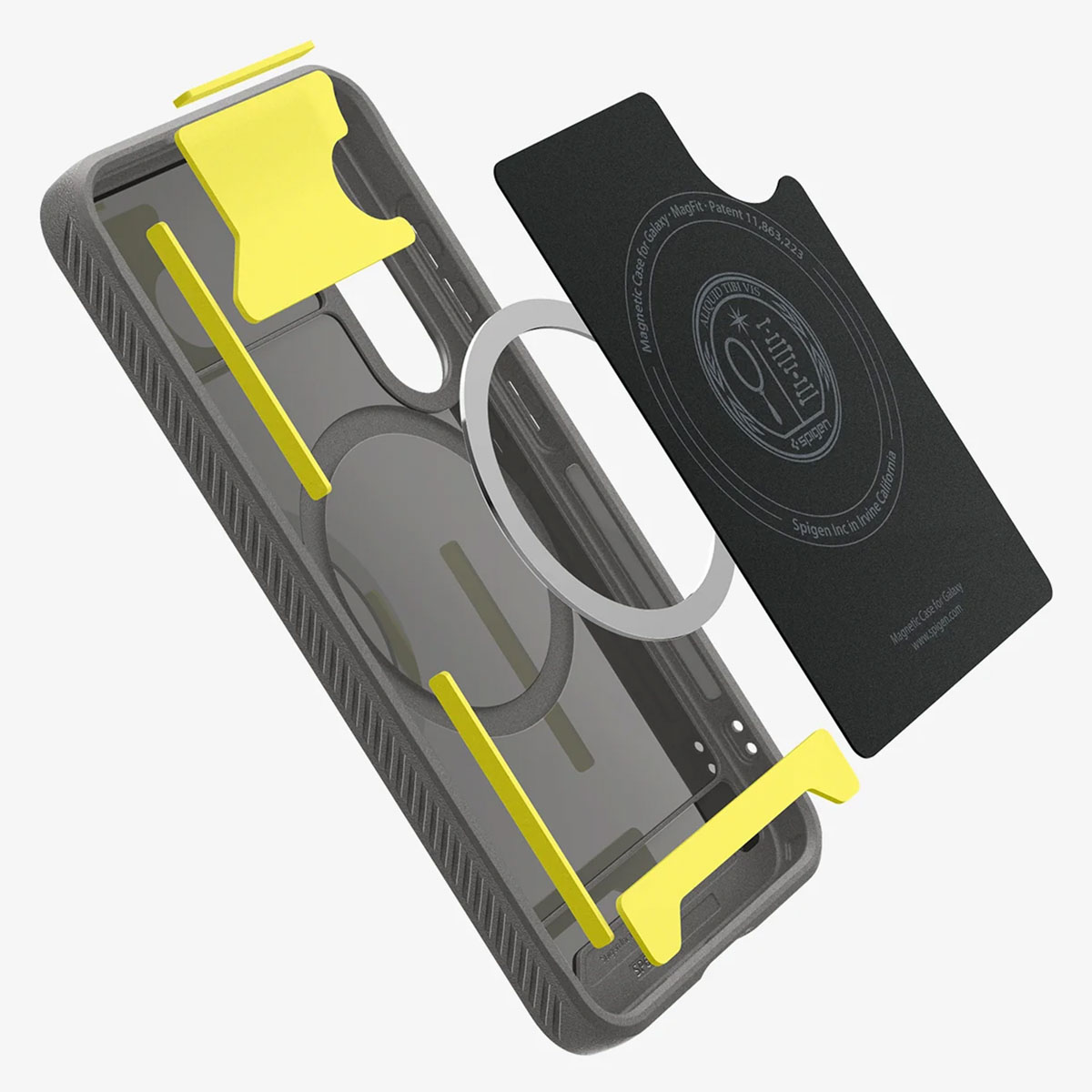 Ontplofte weergave van een telefoonhoesje met gele accenten, zwarte achterkant en zilveren ring.