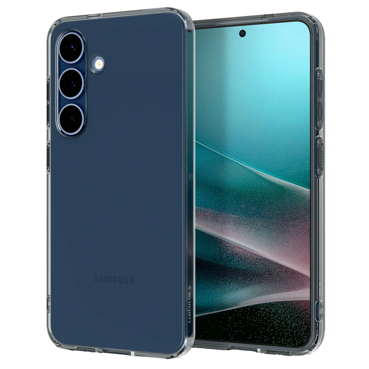 Coque transparente avec téléphone. Trois caméras. Texte Samsung au dos.