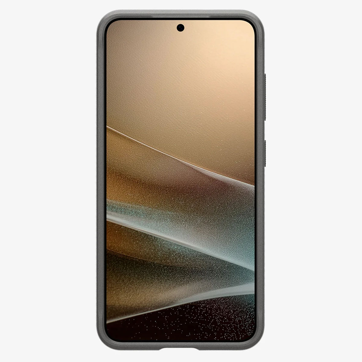 Een zwarte telefoon met een scherm met een vaag gouden patroon, in een grijze hoes. Witte achtergrond.