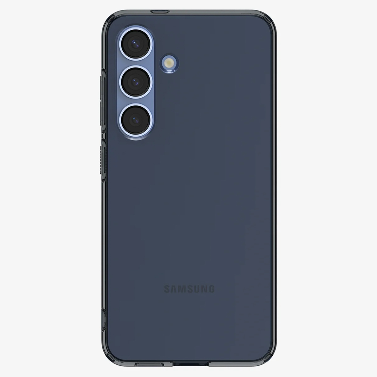 Coque de téléphone bleu marine. Trois objectifs de caméra à l'arrière. Le logo Samsung est visible.