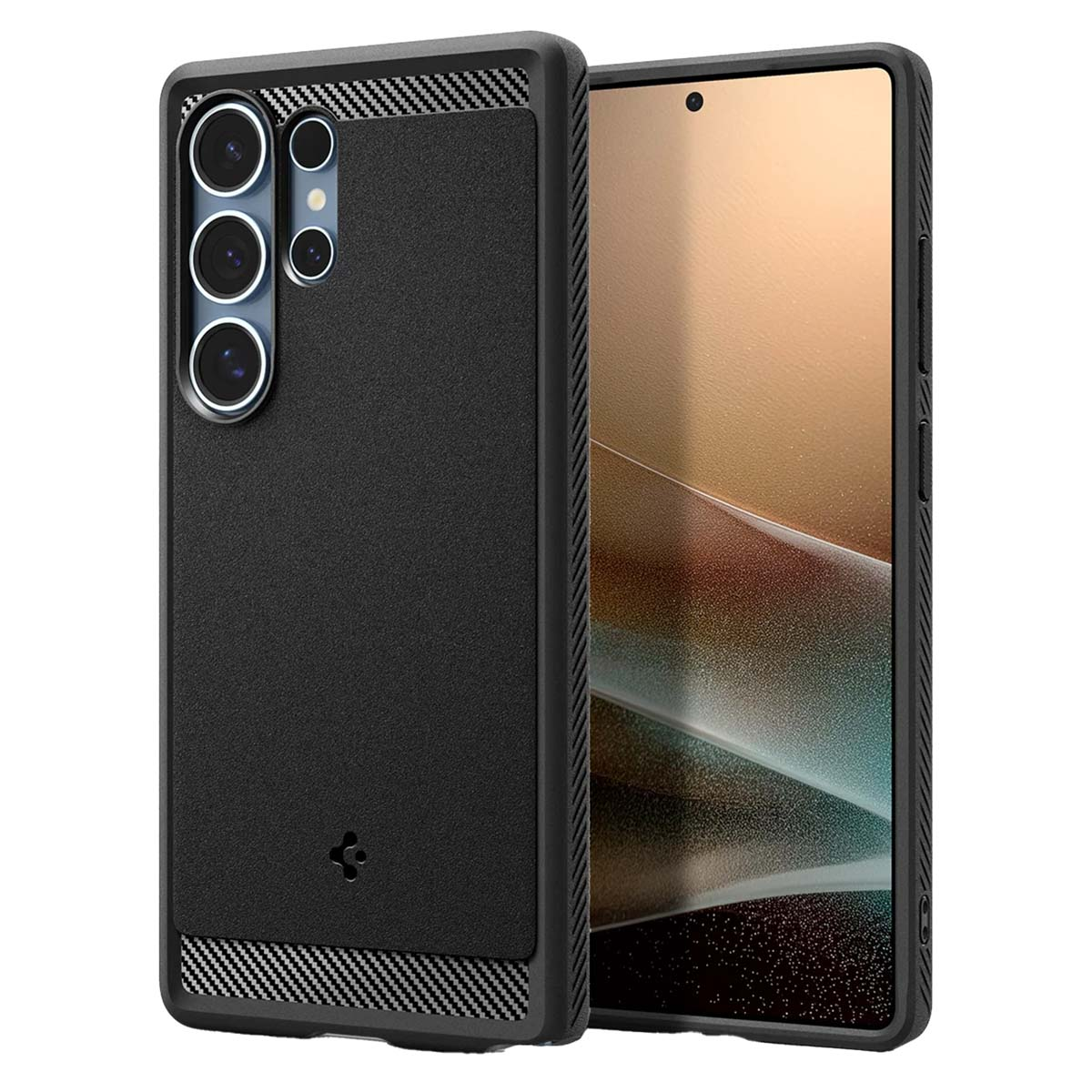 Zwarte telefoonhoes met carbonvezelaccenten, toont een telefoon op een wit oppervlak.