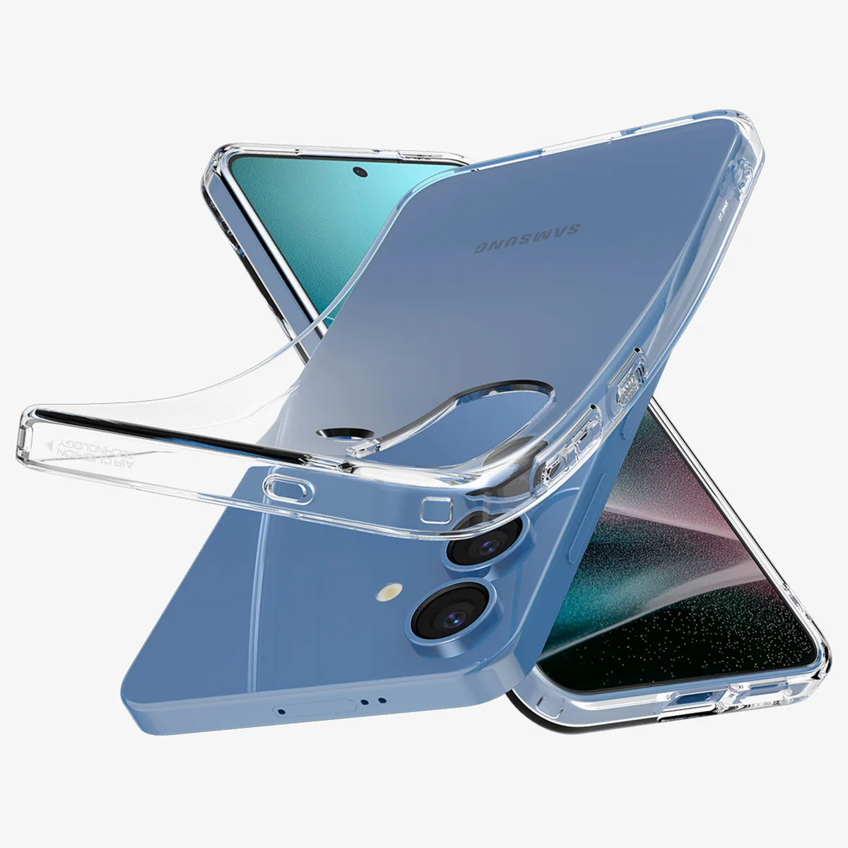 Blauwe telefoon met een doorzichtige hoes. Een tweede telefoon is licht wazig op de achtergrond.