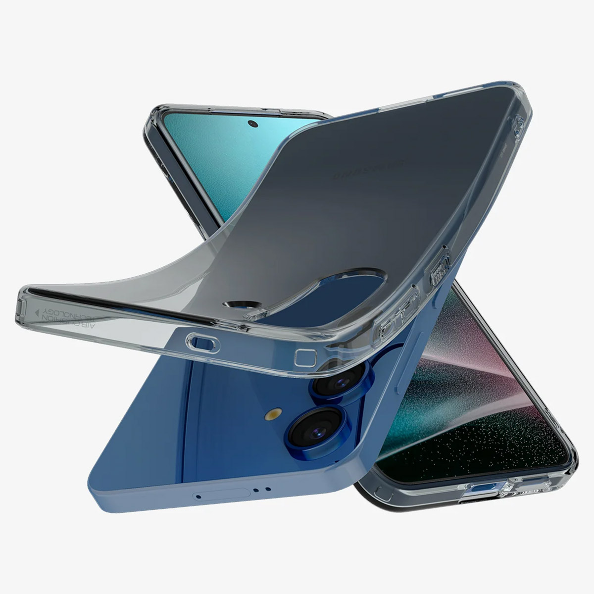 Coque de téléphone transparente, présentant un téléphone bleu, avec un autre derrière.