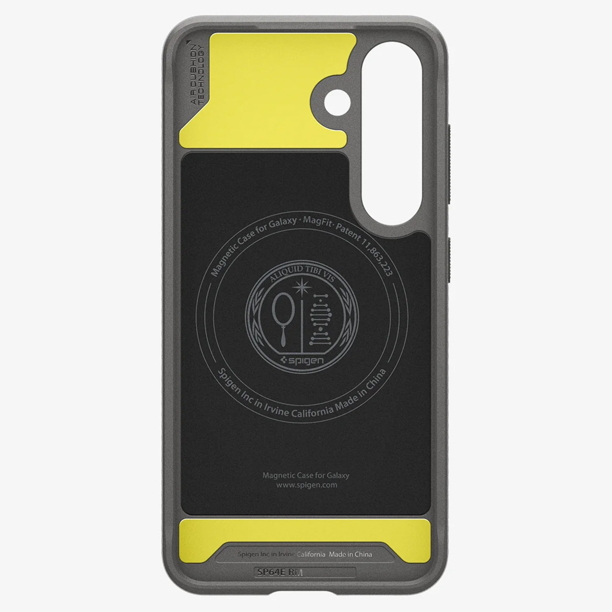 Telefoonhoesje met geel en zwart ontwerp, logo en tekst. Witte achtergrond.
