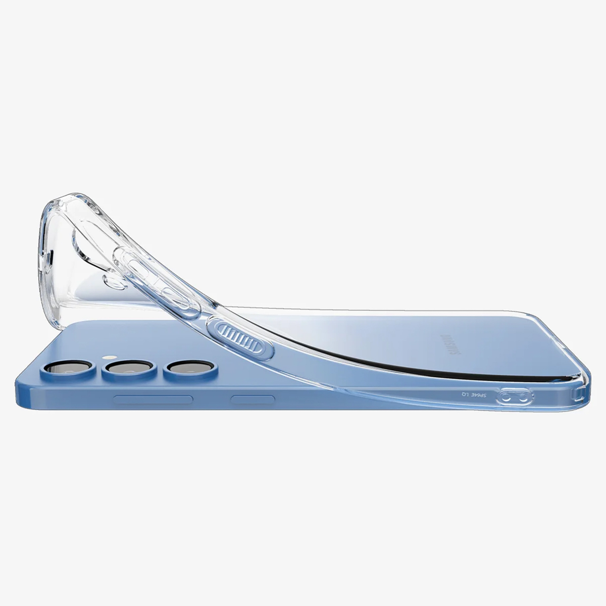 Transparante telefoonhoes over een blauwe telefoon, toont de achterkant en het zijprofiel.