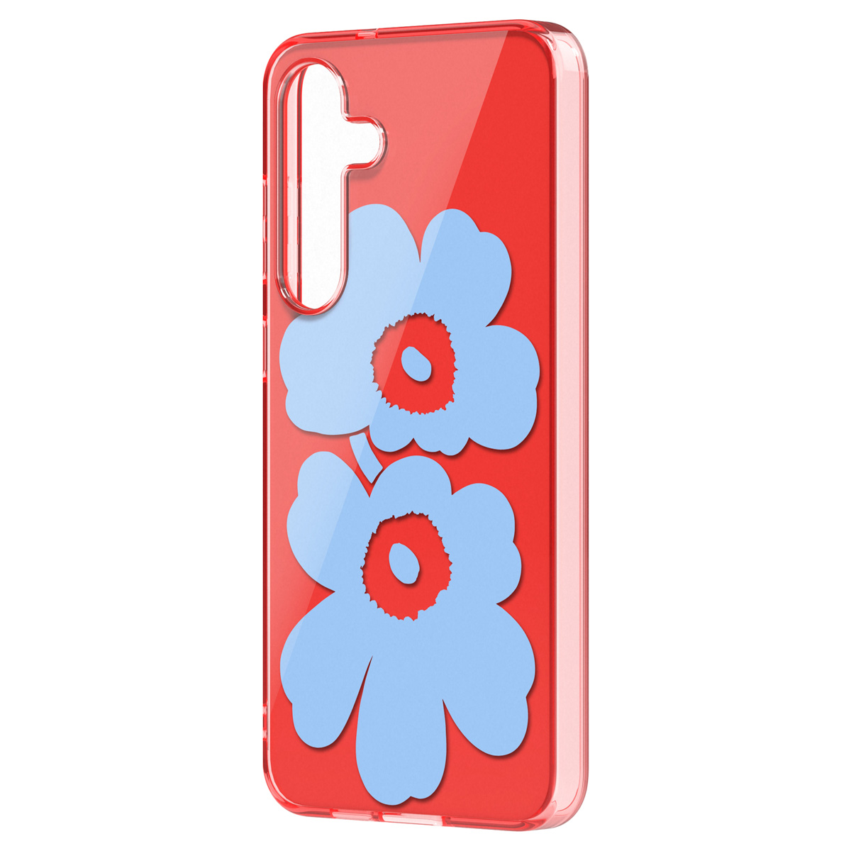 Funda de teléfono roja con diseño de flores azules. Las flores son estilizadas y repetidas.