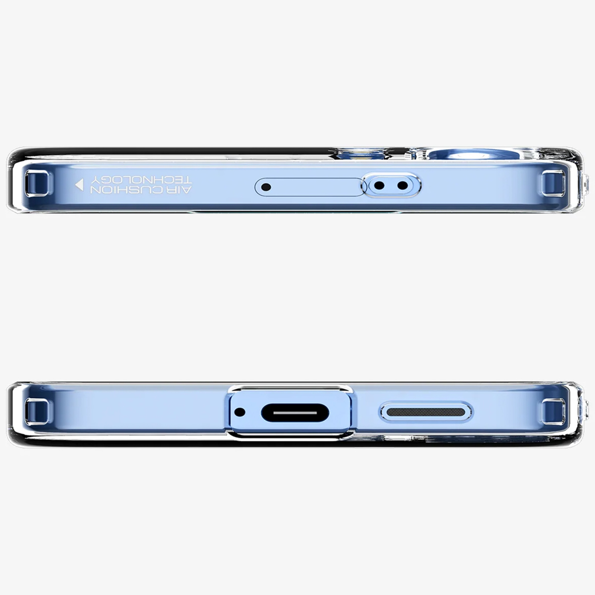 Twee doorzichtige telefoonhoesonderdelen, met uitsparingen voor poorten en de woorden 'AIR CUSHION TECHNOLOGY'.