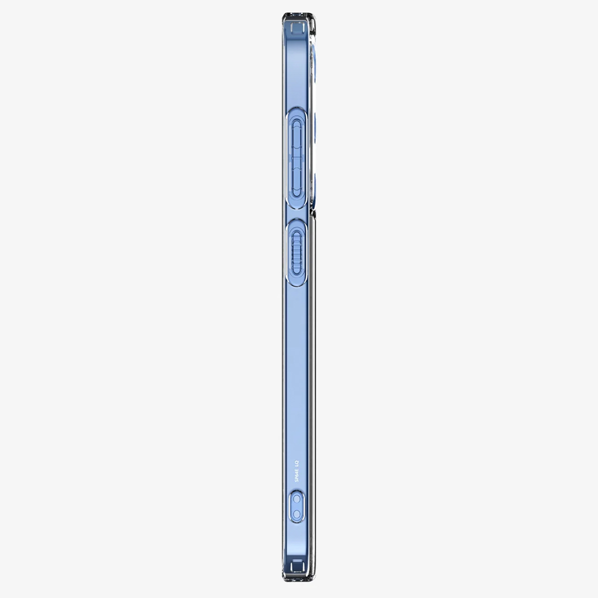 Zijaanzicht van een doorzichtige telefoonhoes, met knoppen en een glad, transparant ontwerp.