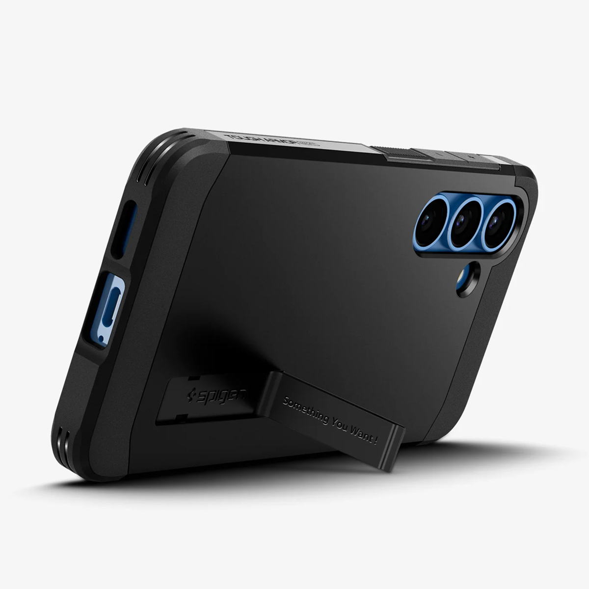 Custodia nera con supporto. Fori per fotocamera e logo Spigen.