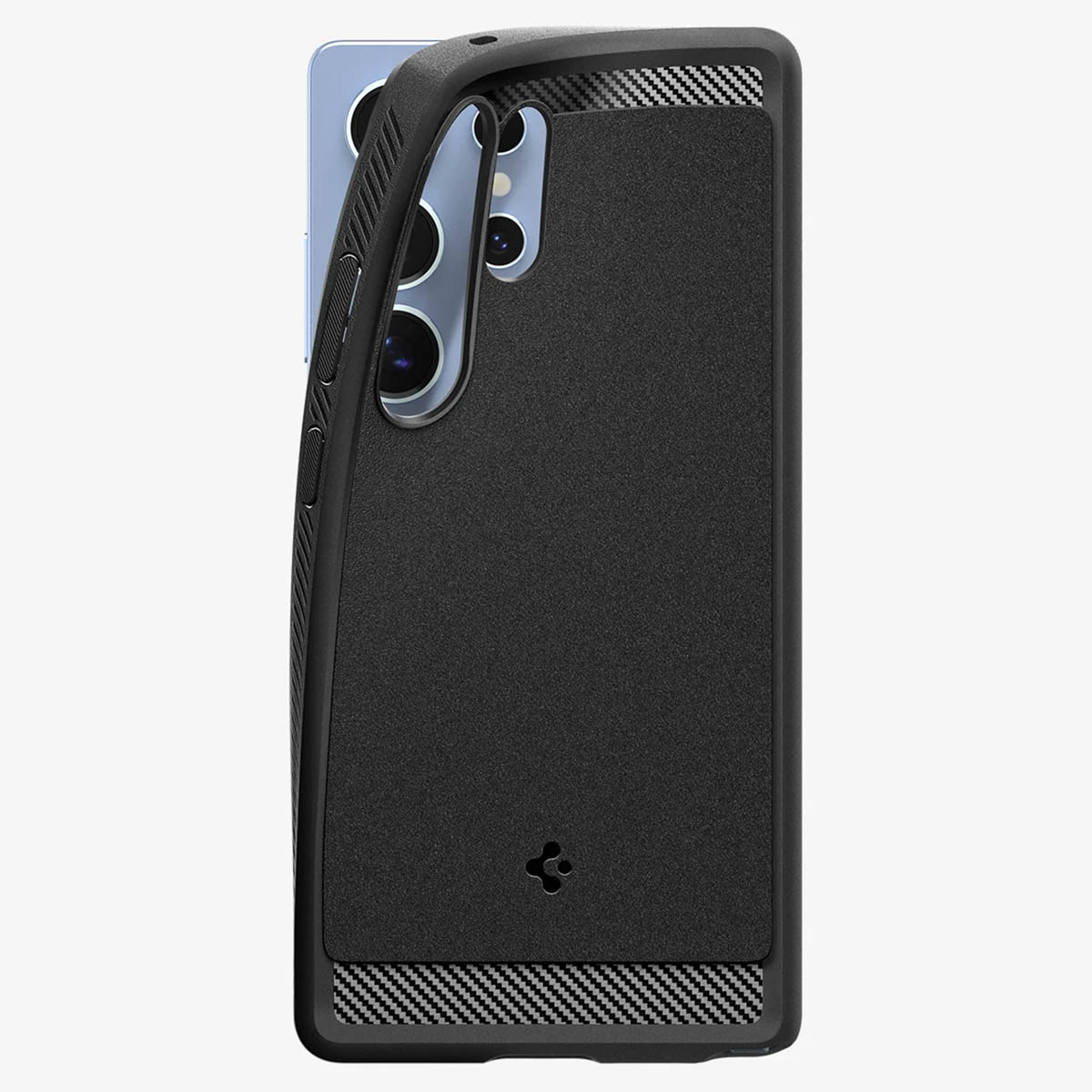 Een zwarte telefoon met een zwarte en carbon fiber hoes.